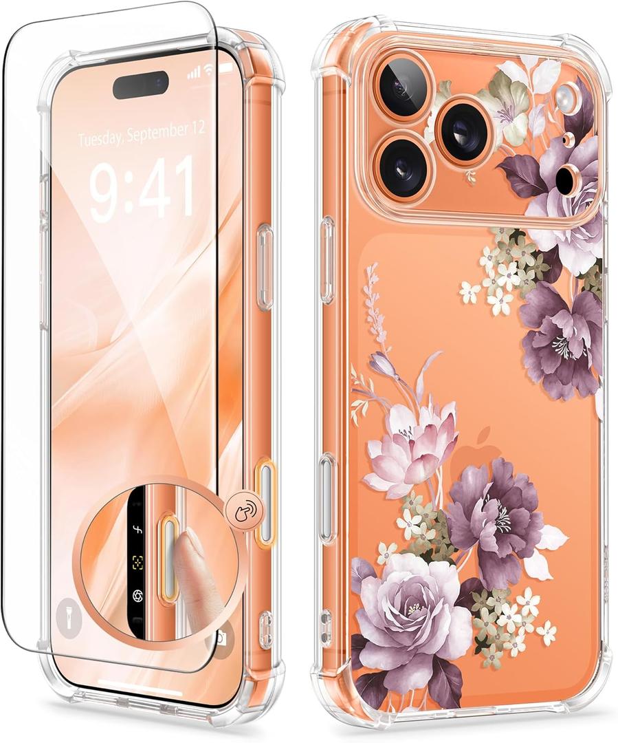 GVIEWIN for iPhone 17 Pro Max Case with Screen Protector, Upgraded [Full Camera Protection] [Non Yellowing] Floral Slim Shockproof Clear Women Phone Cover for iPhone 17 Pro Max 6.9" (Cherry Blossoms)