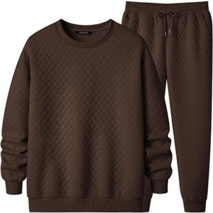 JMIERR Men's Quilted 2 Piece Casual Outfits Crewneck Sweatshirt Tracksuit & Joggers Sweatpants Sweatsuit Set (X-Large, Coffee)