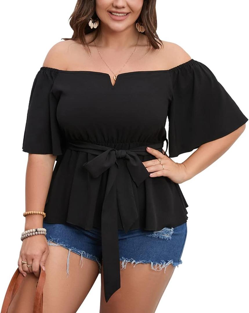 SCOMCHIC Women's Plus Size Off The Shoulder Peplum Blouse Top Half Bell Sleeve Tie Waist Ruffle Hem Babydoll Tops (X-Large Plus, Black)