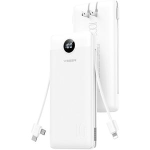 VEGER All in One Travel Portable Charger with Built-in AC Plug & Cables, 10000mAh Slim Power Bank Battery Pack, 15W Fast Charging Compatible with iPhone, Samsung, Android-White