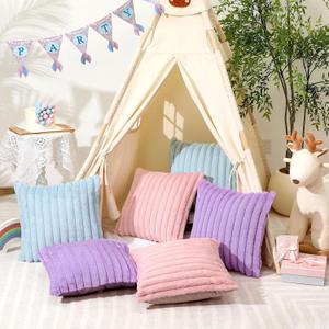 Mixweer 6 Pcs Easter Faux Fur Plush Throw Pillow Covers 18x18 Inch Pastel Fluffy Decorative Striped Pillow Covers with Velvet Back for Sleepover Slumber Party Tent, Sofa, Home Decor, Pink Purple Blue