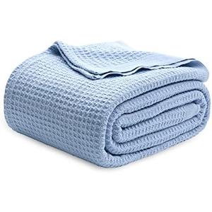 Bedsure 100% Cotton Blanket Queen Size for Bed - Breathable and Soft, Waffle Weave Blanket for Summer Spring, Sky Blue, 90x90 Inches