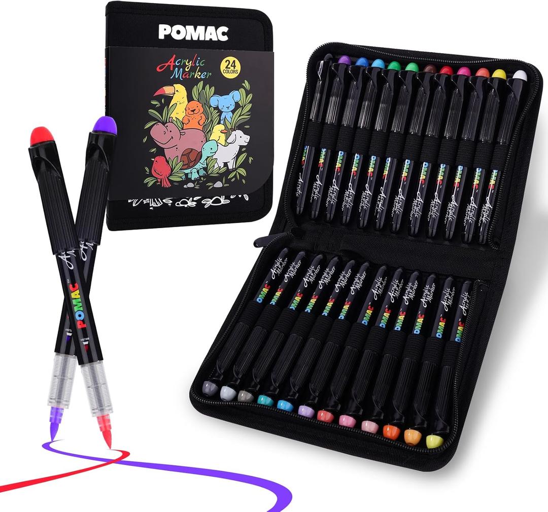 POMAC Acrylic Paint Markers Pens Brush Tip, 24 Assorted Colors Drawing Liquid Paint Marker Waterproof, Water-Based Acrylic Markers for Fabric, Canvas, Rock, Glass, Wood, DIY Crafts and Art Supplies