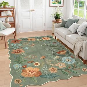 Lahome Floral Washable 6x9 Area Rugs, Soft Bedroom Rug for Living Room Ultra-Thin Non Slip Dining Room Rug, Stain Resistant Boho Green Rugs Easy Clean Throw Carpet for Office(6'x9',Green)