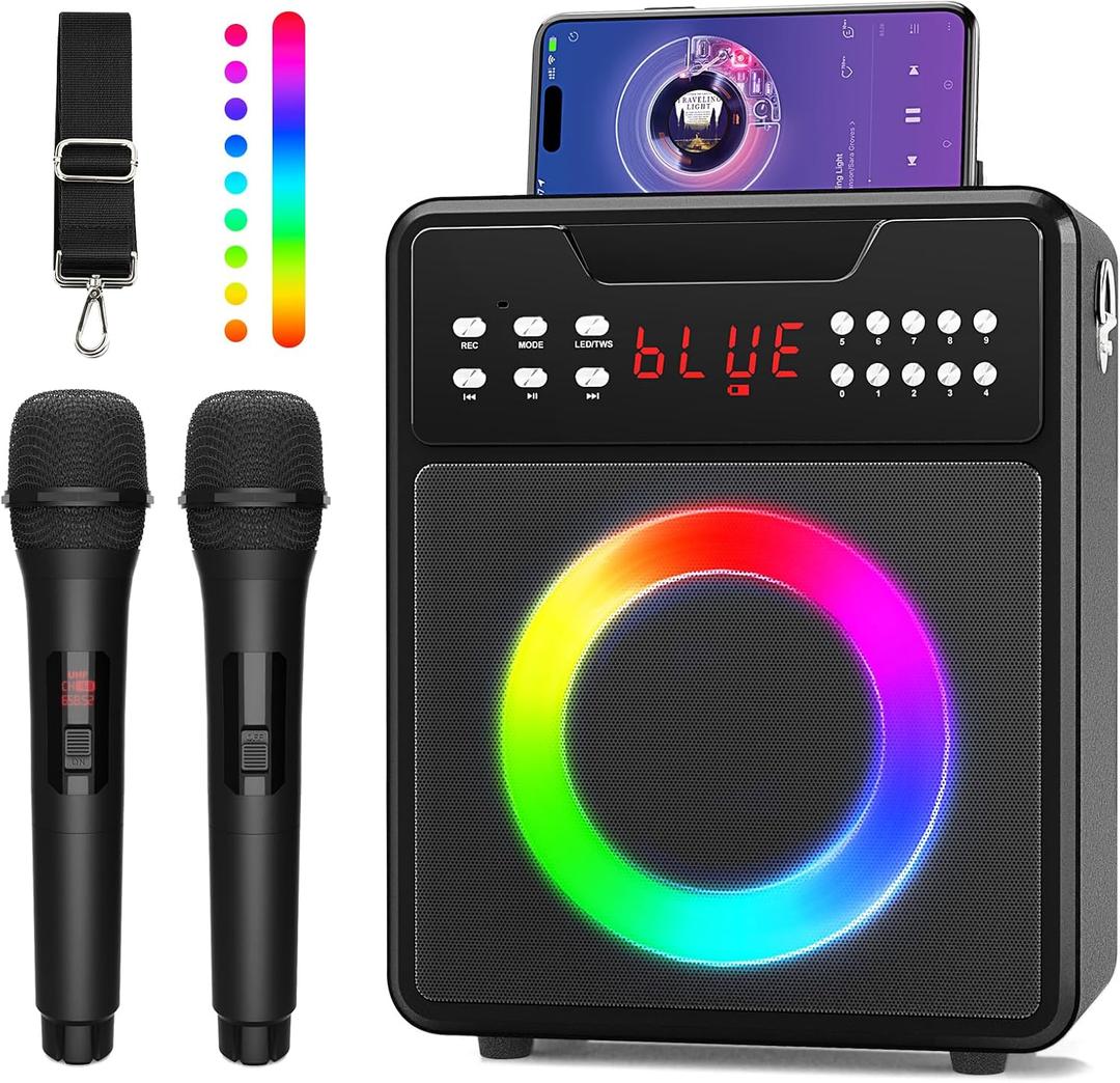 Karaoke Machine for Adults & Kids, Portable Karaoke Machine with 2 Wireless Microphones, Karaoke Speaker with LED Lights Supports USB/AUX in/TF Card for Home Party and Outdoor Event (Pink)
