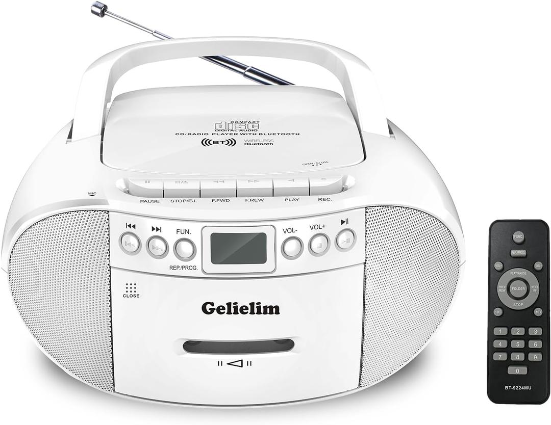 Gelielim Portable CD and Cassette Player Boombox Combo, AM/FM Radio Tape Recorder Casette Player with Remote, Bluetooth CD Tape Player USB Playback & Earphone Jack,Battery Powered/Plug in for Home (White)