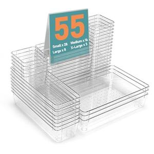 VEXTHYX 55Pcs Clear Plastic Drawer Organizers Set, 4size makeup drawer organizer trays for vanity, desk, bathroom, office, nightstand, gadgets for kitchen drawer, Versatile drawer divider storage bins