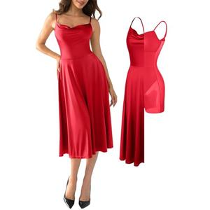 Popilush Corset Tea Party Dresses for Woman All in One Shapewear Tummy Control Spaghetti Strap A-Line Midi Evening Dress for Semi Formal Red, 3X-Large