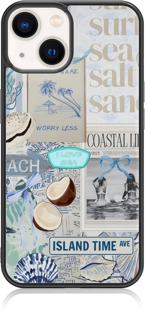 Cute Beach Coast Summer Collage Aesthetic Phone Case for iPhone 14 & iPhone 13 (6.1") Case for Girls Women (Gray Blue)