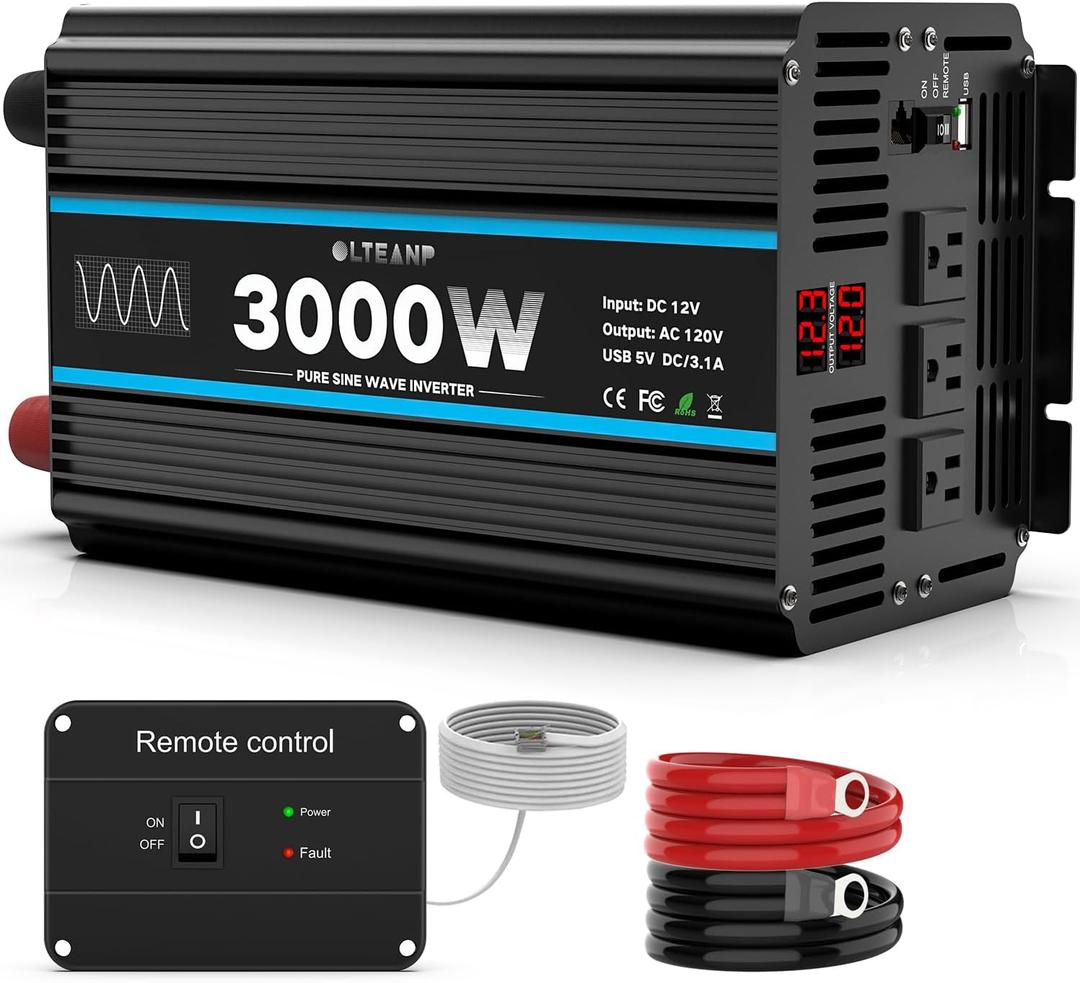 3000W Power Inverter Pure Sine Wave Inverter 12V DC to 110V AC Car Inverter with USB Ports,3 AC Outlets, LCD Display, Remote Controller for Car, Truck, Home, Vehicles, Boat, Power Outage