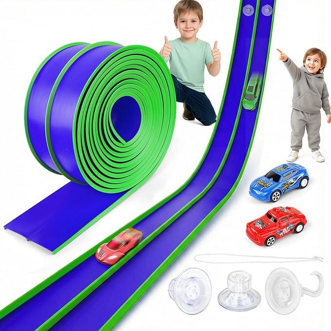 15 Ft Flexible DIY Race Track – Bendable Track Set with 2 Cars and 3 Strong Suction Cups, Car Ramp Toy Track for Kids Ages 3+ (Blue)