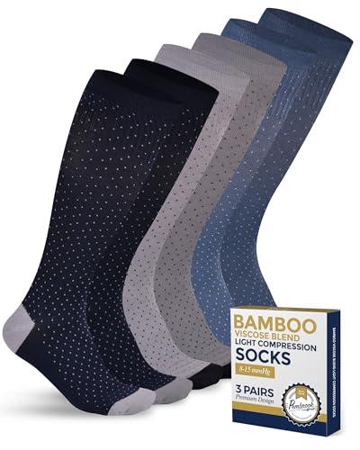 Pembrook® Bamboo Viscose Light Compression Socks - 3 Pairs | 8-15 mmHg Light Compression Socks for Women and Men | Navy, Light Blue, Light Grey Polkadots | Mens & Womens Compression Socks, M