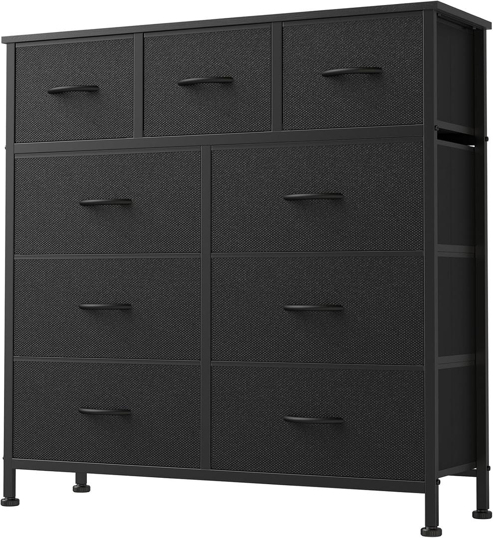 DUMOS 9 Drawer Dresser for Bedroom, Fabric Storage Organizer with Sturdy Metal Frame, Wooden Top Chest of Drawers for Closet Entryway Guest Room,Matte Black