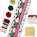LaRibbons Christmas Wrapping Paper Sets, Reindeer & Santa & Candy Cane Stripes Design with Ribbons & Gift Tags & Metallic Pom Pom for Christmas, Holiday, 30Inch  10Feet 4 Rolls: 100 Sq.Ft.Ttl