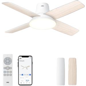 DREO Ceiling Fans with Lights, 12 Speeds & 3 Fan Modes, Quiet DC Motor, Low Profile Easy to Install, Flush Mount Smart Ceiling Fan with Dimmable LED, 12H Timer for Bedroom, Remote, White, 44''