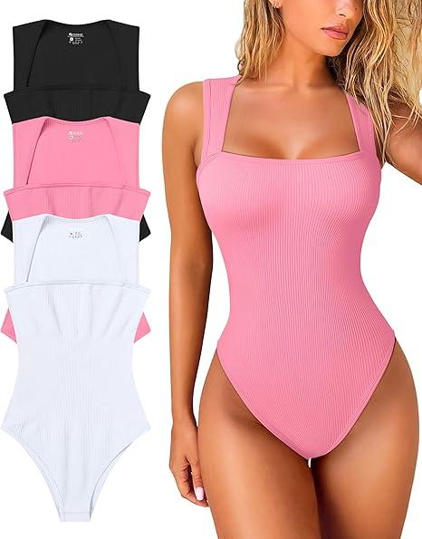 OQQ Women's 3 Piece Bodysuits Sexy Ribbed Strappy Square Neck Sleeveless Tummy Control Tank Tops Bodysuits (Large)