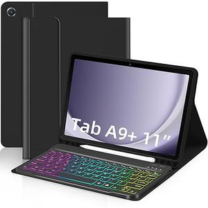 EAMPANG Case without Keyboard for Samsung Galaxy Tab A9 Plus 11 inch (SM-X210/X215/X216/X218),7 Color Rainbow Backlight Detachable USB-C Keyboard Magnetic Case with Pen Slot for Tablet A9+ 5G Black