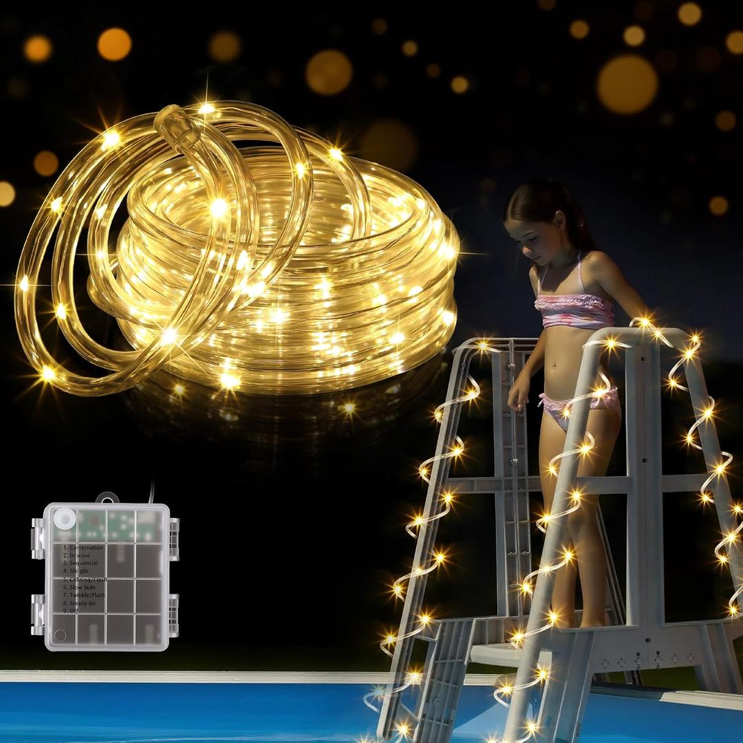 21.3 ft Pool Ladder String Lights, 60 LED Warm White Lights with 60 Clips, Waterproof, Battery Operated, 4 AA Battery Box, 8 Modes, for Outdoor Swimming Pool Ladder Decoration
