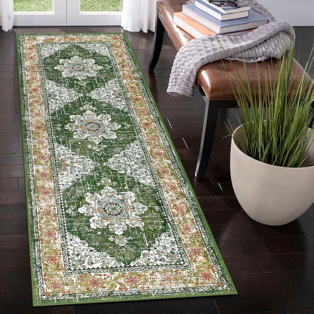 Ileading Vintage Runner Rug for Hallway, Machine Washable Area Rug Runners with Rubber Backing, Non Slip Kitchen Floor Mat for Bedroom Livingroom (Green 2x6ft)