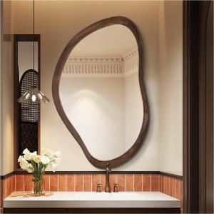 24" x 36" Dark Walnut-Colored Asymmetrical Wood Bathroom Mirror, Irregular Wall Mirror, Farmhouse Vanity Mirror for Bedroom, Living Room, Entryway, Rustproof, Shatterproof, Horizontal/Vertical