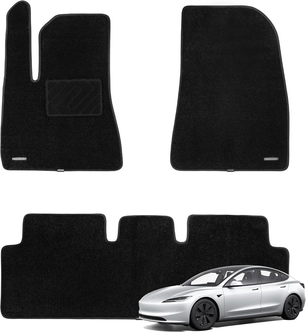 WENNEBIRD Superior Carpet Floor Mats for 2024-2026 Tesla Model 3 (Highland), 0.6-Inch Ultra-Thick, Noise-Reducing, All-Weather Waterproof Anti-Slip 3-Pc Set