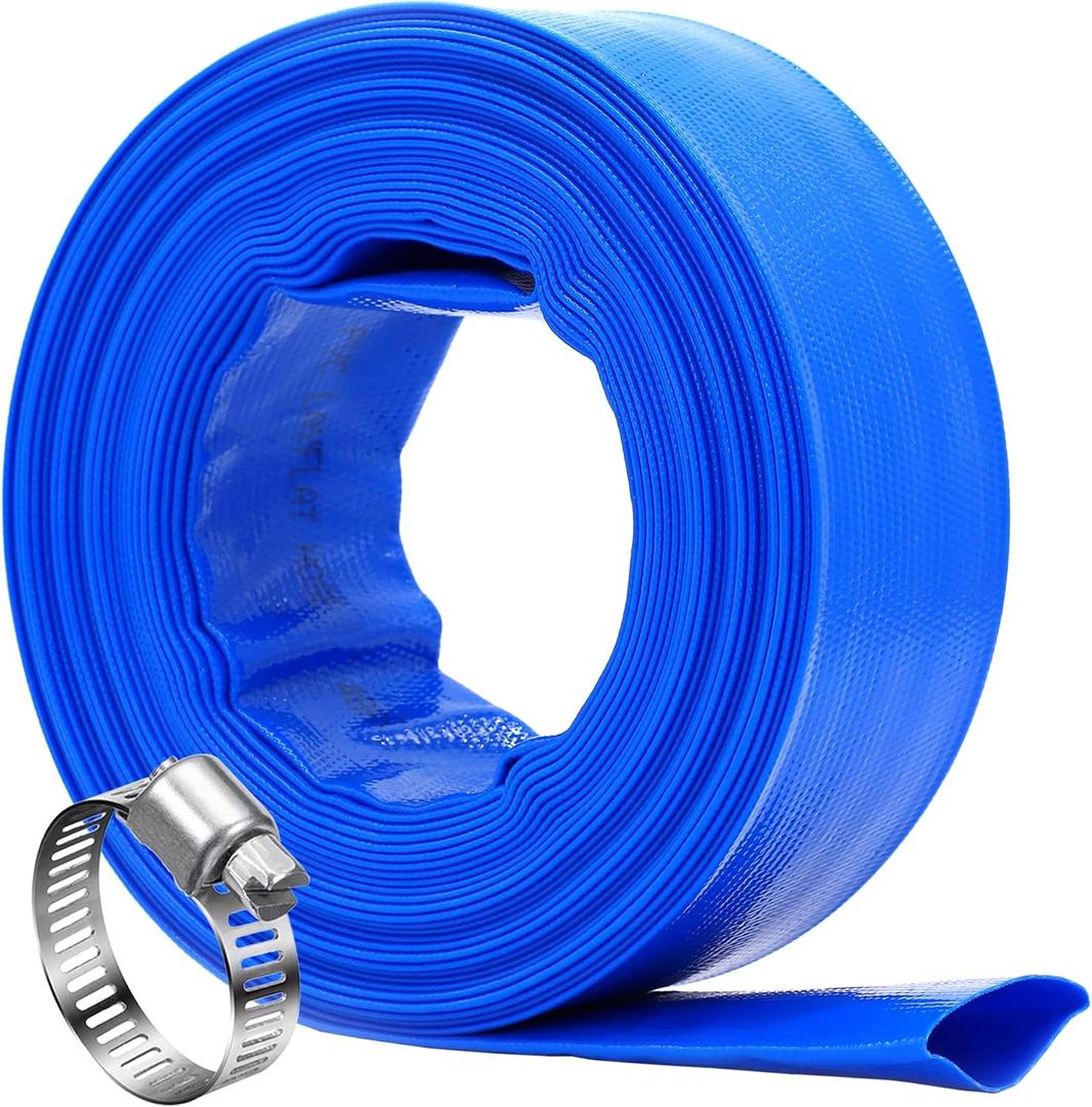 DAVCO 2" x 100 ft Pool Backwash Hose, Heavy Duty Reinforced Blue PVC Lay Flat Water Discharge Pump Hoses For Swimming Drain Pools and Clean Filters,with 1 Clamp