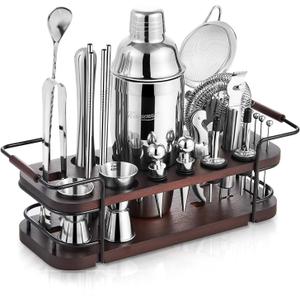 KITESSENSU Cocktail Shaker Set Bartender Kit with Stand | Complete 24-Piece Bar Set Cocktail Kit with All Bar Accessories: Martini Shaker, Jigger, Muddler | Drink Mixer Set for Home Bar Cocktails (Silver)