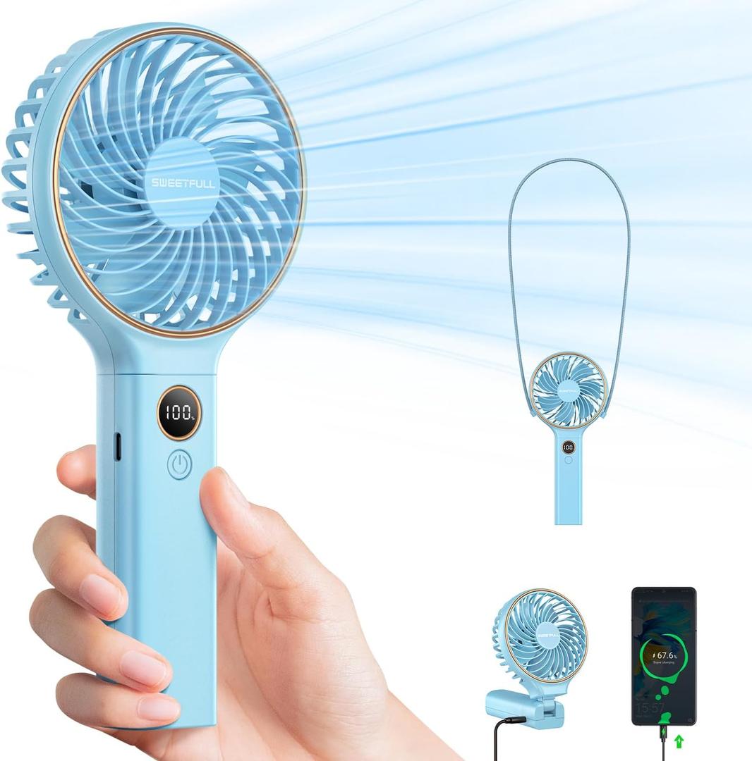 SWEETFULL Handheld Fan, Portable Fan, 5000mAh Rechargeable Battery, 6 Speed Wind, LED Display, Personal Mini Travel Fan with Backup Power, Hand Held Fan USB Foldable Electric Fan for Women Girl (Blue)