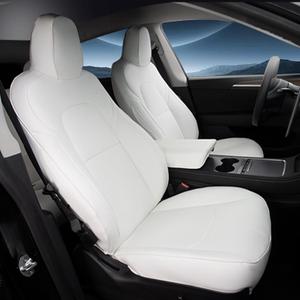 Nappa Leather Car Seat Covers Compatible with Tesla Model Y 2020 2021 2022 2023 Full Set Custom Fit Does Not Affect The Airbag, Reserved Seat Belt Hole-White