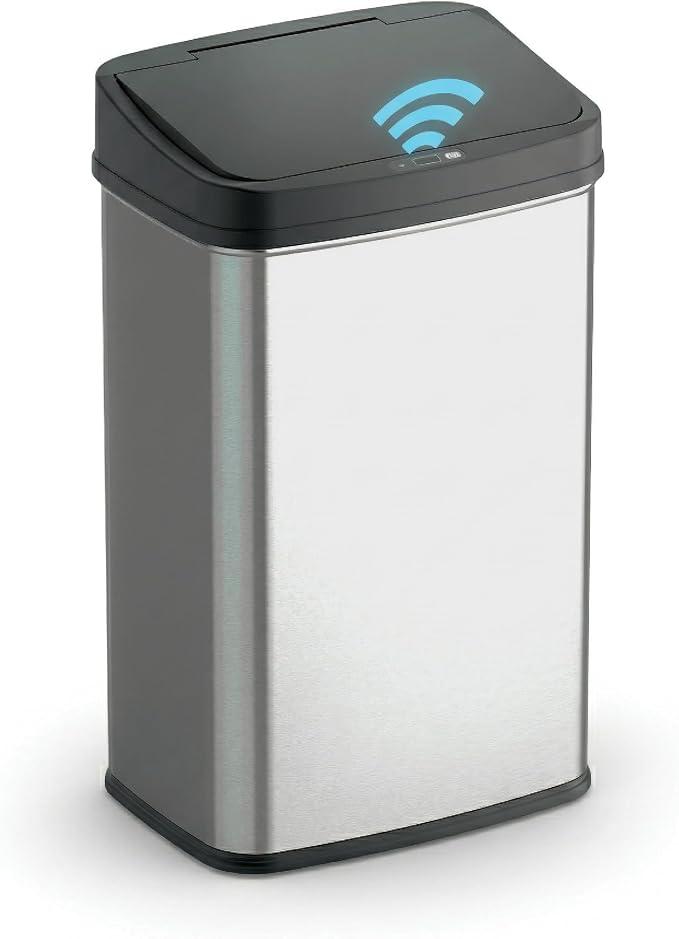13 Gallon Automatic Trash Can, 50L Touchless Motion Sensor Garbage Can with Odor-Sealing Lid, Rectangular Stainless Steel, Black Trim