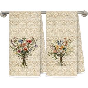 Vintage Floral Kitchen Towels, Cottagecore Floral Decorative Hand Towel for Bathroom, Rustic Retro Wild Flower Bouquet Dish Tea Towels, 16x24 Inches Set of 2