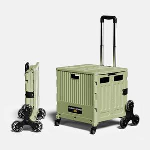 Folding Utility Cart Portable Rolling Crate Handcart Shopping Trolley Collapsible Tool Box, with Lid, Basket on 4 Rotate Wheels, for Grocery, Office, Luggage, Teacher-Green