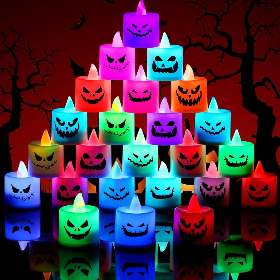 Coume 24 Pcs Halloween Flameless Votive Candles Color Changing LED Tealight Battery Operated Candles for Spooky Halloween Home Party Decorations 1.7 x 1.4 Inch, Battery Included (ABS)