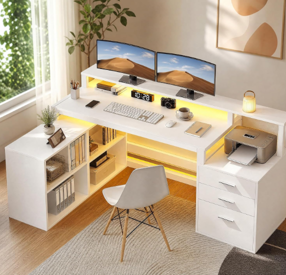 DWVO 79" Grey U-Shaped Computer Desk with Drawers & Charging Station ADAPTABLE OFFICE LAYOUT: The reversible setup, monitor stand and storage shelves create a spacious and organized workstation
