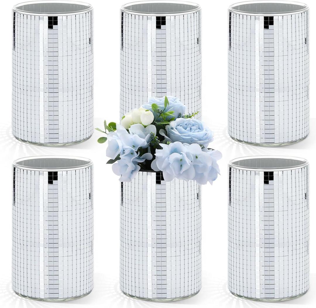 Hushee 6 Pcs 6 Pcs Disco Ball Vase Disco Planter Cylinder Glass Vase Mirror Tiles Modern Planter Pot Candle Holder for Wedding Centerpieces Birthday Party Gift Bedroom Decoration (6'')