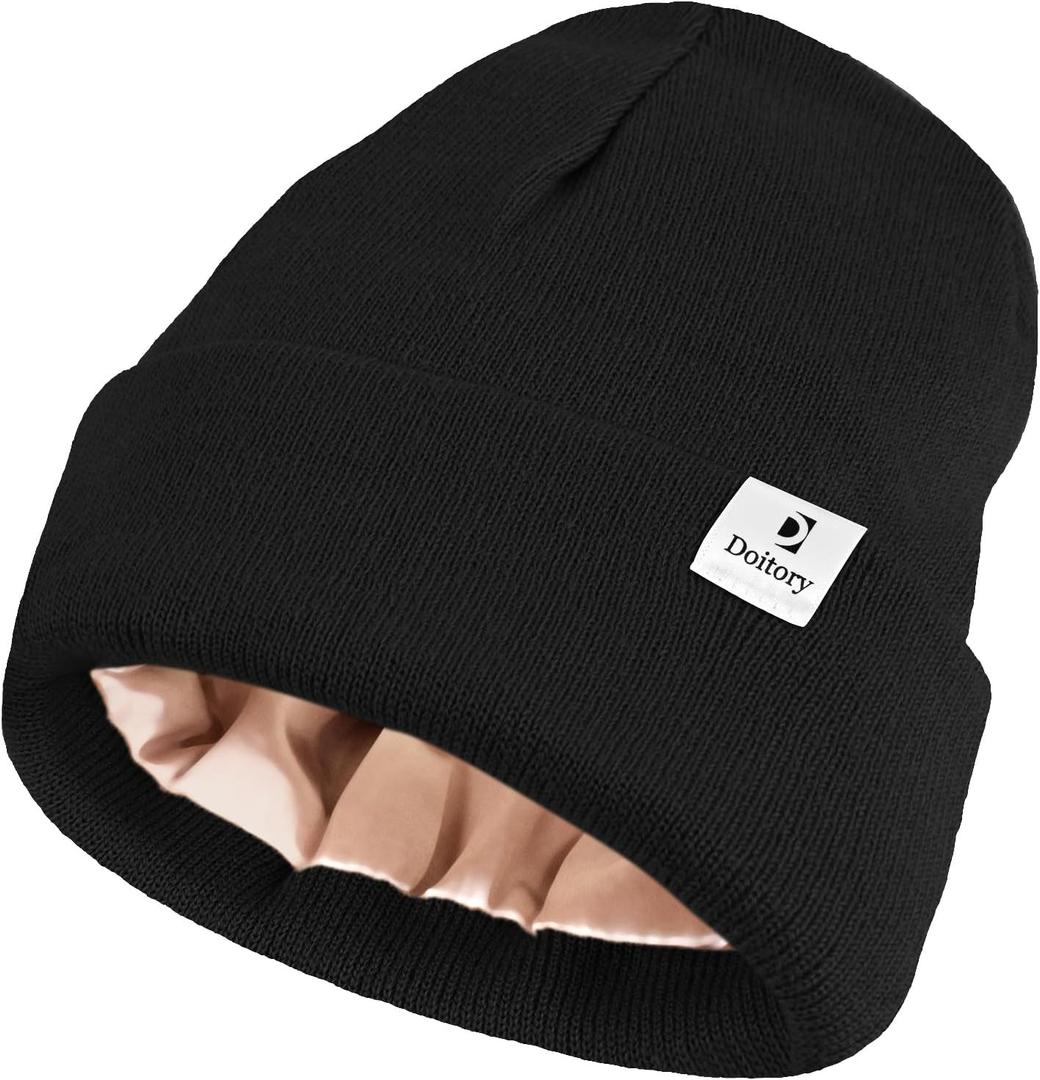 2 x Satin Lined Beanie Hat, Winter Hats for Women & Men, Soft Silk Lining Cuffed Knit Beanie Unisex Skull Cap (Black)