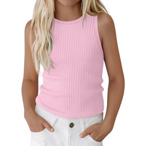 Girls' Sleeveless Tank Tops Ribbed Crew Neck Undershirts Stretch Athletic Tanks Soft Solid Top for Kids 5-6 Years