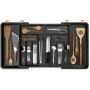 Utensil Organizer for Kitchen Drawer, Expandable Cooking Silverware Tray,Large Silverware Drawer OrganizerPlastic Spatula Tools Storage Divider, 21.6-38", Black