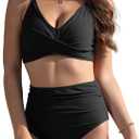 Buauty Women's Bikini Sets Two Piece High-Waisted Ruched Bathing Suit V Neck Twist Front Adjustable Straps Swim Suits (Medium, Black)