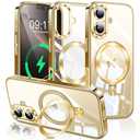 ESTPEAK Titanium Gold CD Mag-Stand Case for iPhone 16 Plus Case with Invisible Magnetic Ring, [Fit for MagSafe] [Never Yellowing] Top Clear Phone Case Cover for iPhone 16 Plus 6.7" Men Women