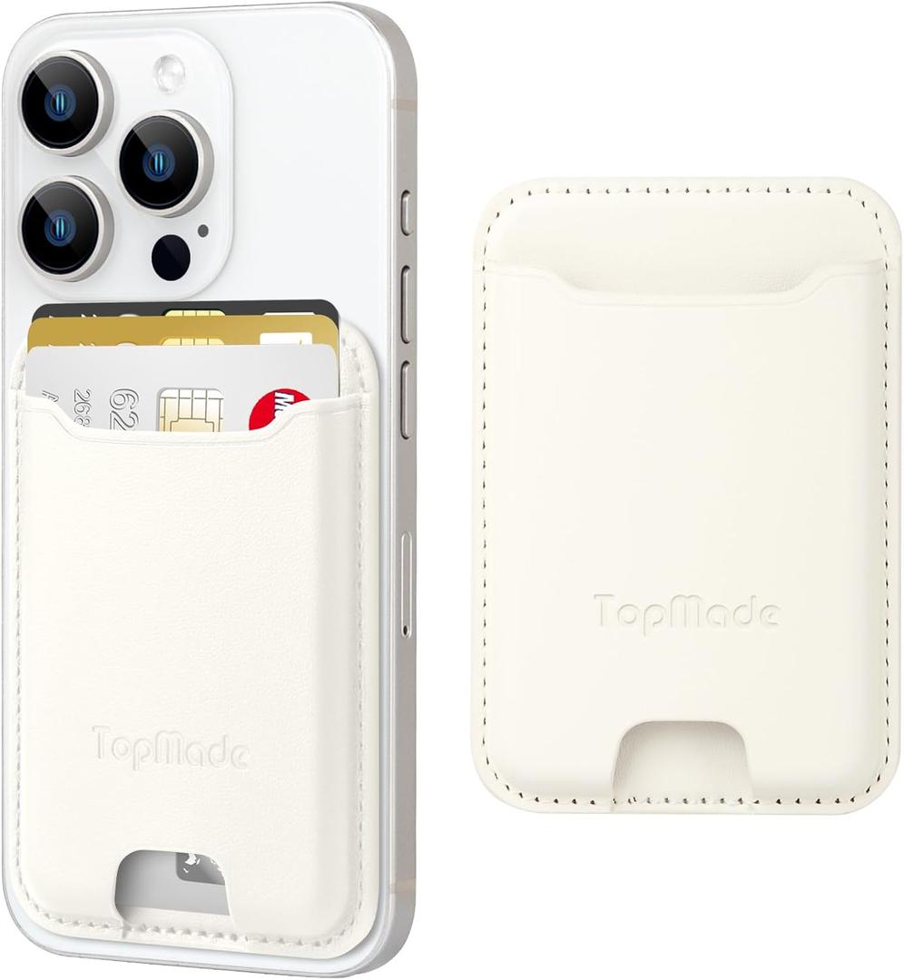 TopMade Phone Card Holder, Premium Leather Phone Wallet Stick on, Stronger 3M Adhesive Credit Card Holder for Back of Phone Case, iPhone, Samsung, and Android, RFID Blocking, Fit 4 Cards, Milky White