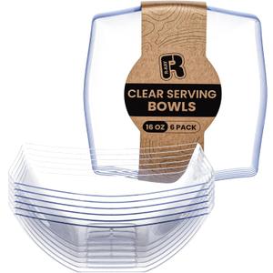 R-kay 6 Pack Square Plastic Serving Bowls - Clear Plastic bowls 16 Oz - Disposable Serving Bowls Heavy Duty For Weddings Catering And Birthday parties