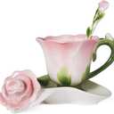 ONEUSTAR Pink Tea Cup and Saucer Set for 1 Ceramic Hand Crafted Rose Flower Coffee Cup for Mother's Day Thanksgiving Wedding Birthday Gift for Women, 6 Oz