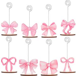 8 Pcs Pink Bow Place Cards Coquette Bow Reserved Seating Signs Table Number Holders Metal Wire Memo Clips Stands Bow Party Decorations for Wedding Bow Party Birthday Baby Shower Office