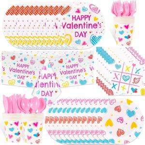 HOWAF 97pcs Valentines Party Tableware Sets with Plates Napkin Tablecloth Knifes Forks Spoons for Galentines Day Party Supplies, Sweet Conversation Heart Love Candy Valentine's Dinnerware Set