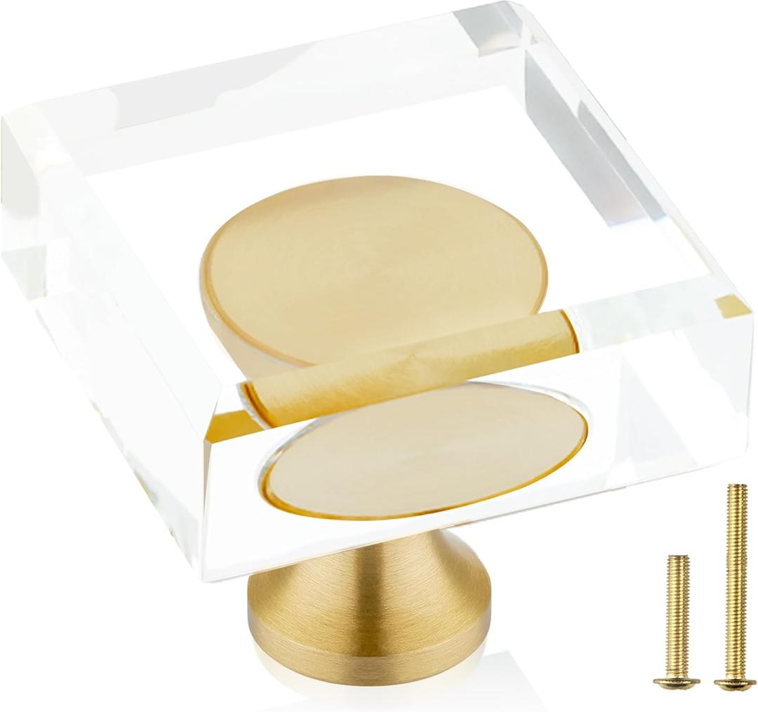 QOGRISUN 5-Pack Brass Crystal Cabinet Knobs,Glass Crystal Gold Drawer Knobs,1-1/8-Inch Square,Decorative Dresser Pulls, Modern Cabinet Hardware