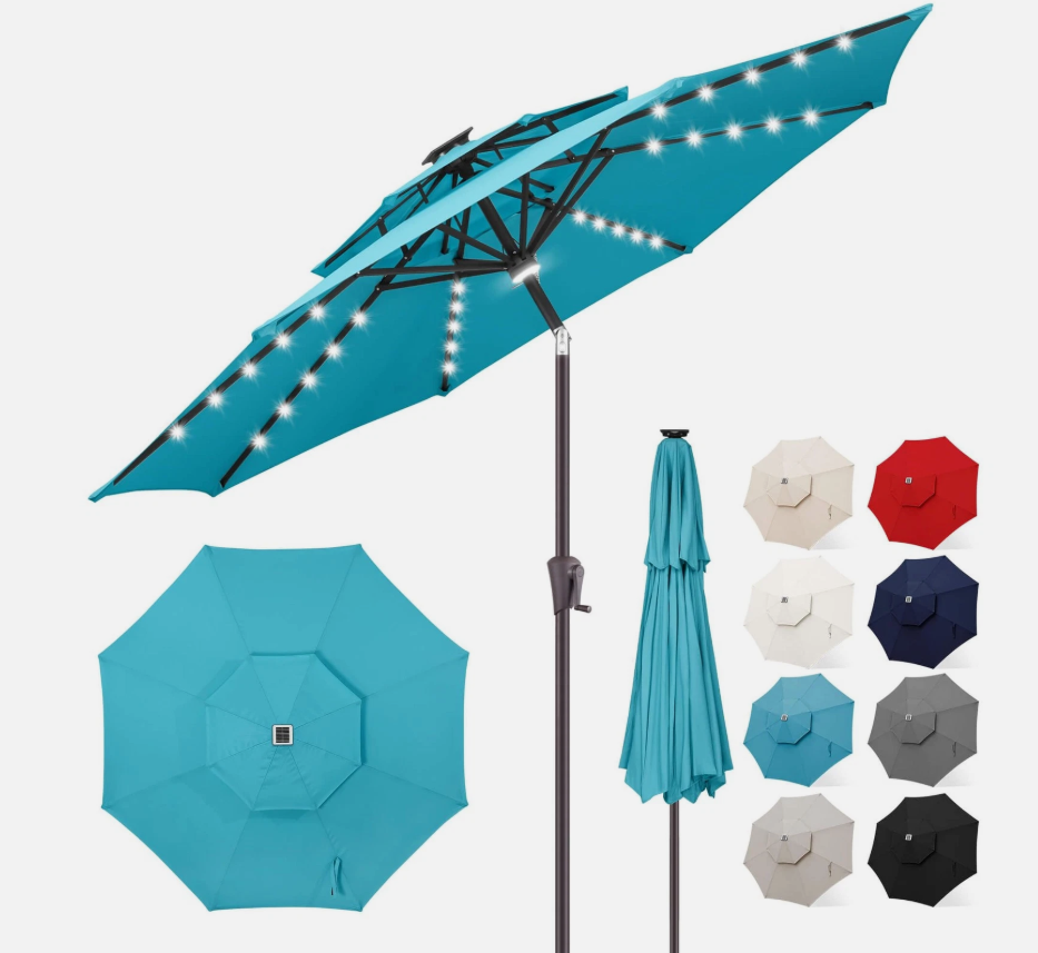 Solar Patio Umbrella 9FT 2 Tiers LED Center Light Aqua Blue FLAME&SHADE Centre