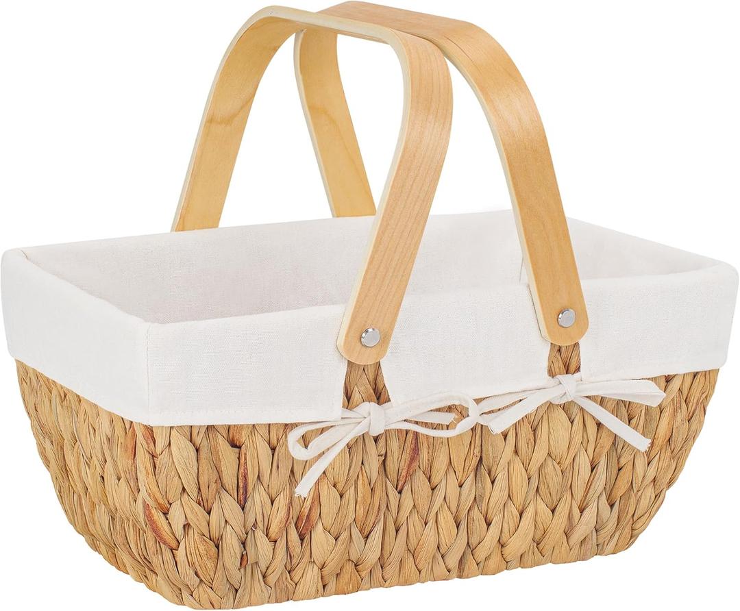 StorageWorks Wicker Basket with Handles, Wedding Decoration Easter Basket with Liner, Handcrafted Seagrass Picnic Basket for Camping, Outdoor (White)