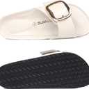 Dumalum Womens Slides Sandals Cork Footbed Flat Sandals Comfort Open Toe Buckle Flip Flops Slip On Home Slippers for Dressy Summer Beach Essentials (Beige)