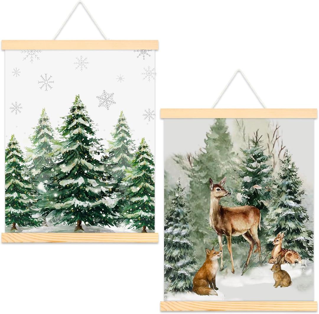 2 x Tenceur 2 Pcs Winter Wall Art Decor Pine Tree Reindeer Holiday Wall Decor Christmas Poster Hanger with Wood Frames Wild Animals Canvas Artwork Decoration for Home Bedroom Living Room